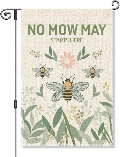 Perfectinsoy No Mow May Starts Here Garden Flag, Pollinator Garden Yard Sign, Community Progress Welcome Yard Home Backyard Porch Patio Lawn Farmhouse Bee Outdoors Decor, No Mow Yard Sign