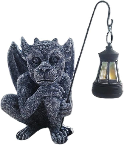 AKV Solar Gargoyle Statues Outdoor with Light, Funny Gothic Garden Decor, 8.26 inch Sitting Winged Gargoyle Sculpture for Yard Patio Lawn Ornament Decorations, Handmade Resin Garden Trolls Figurines