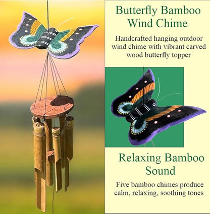 Butterfly Bamboo Wind Chime – Handcrafted 39” Hanging Outdoor Windchime with Colorful Carved Wood Topper & Relaxing Sound – Natural Bamboo Garden Décor for Porch, Patio, or Balcony