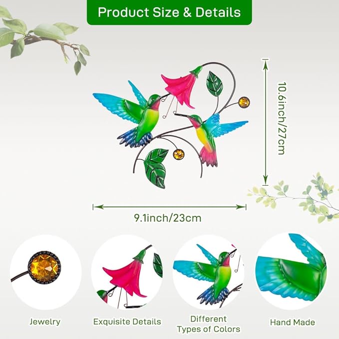 Metal Wall Art Hummingbird with Flower Decor, Metal Birds Yard Outdoor Wall Art, Hanging Bird Wall Decor for Living Room Home Indoor