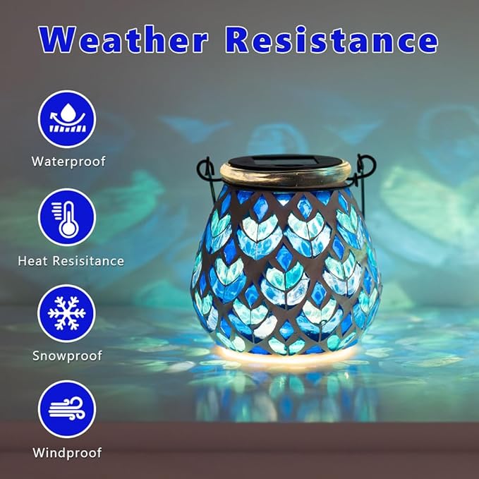 Stargarden Mosaic Solar Lanterns, Table Lamp for Garden ,Patio,Yard Decor Blue Glass Hanging Lantern Waterproof Outdoor Hanging Solar Lights