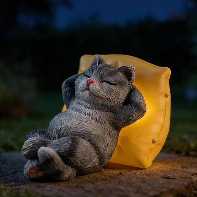 Suyorpe Solar Cat Outdoor Statues Mini Garden Decor - Sleeping Kitten Figurine for Outside Yard Art Lawn Porch Patio Balcony Decorations,Birthday Choice for Mom Grandma Women Lover