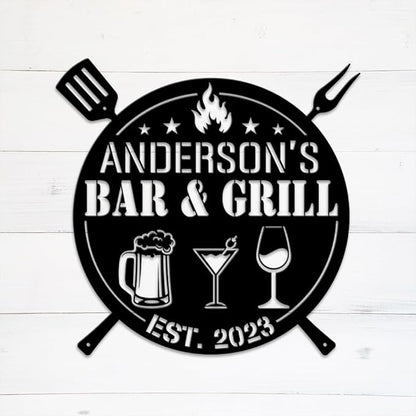 MeMate Bar & Grill Signs,Large Metal Sign Outdoor,BBQ Zone Sign,Grill to Personalize,Personalized Barbecue Signs Kitchen Decor,Custom Name Outdoor Plaques for Backyard Oasis Patio,Bar & Grill (Black)