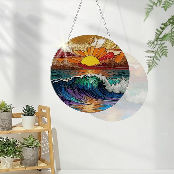 Ocean Waves Suncatcher for Windows Hanging, Coastal Sunset Sunshine Sun Catchers Indoor Window Door Decoration, Round Wall Hanging Decor, Beach House Decor, Home Decors, Housewarming Gift