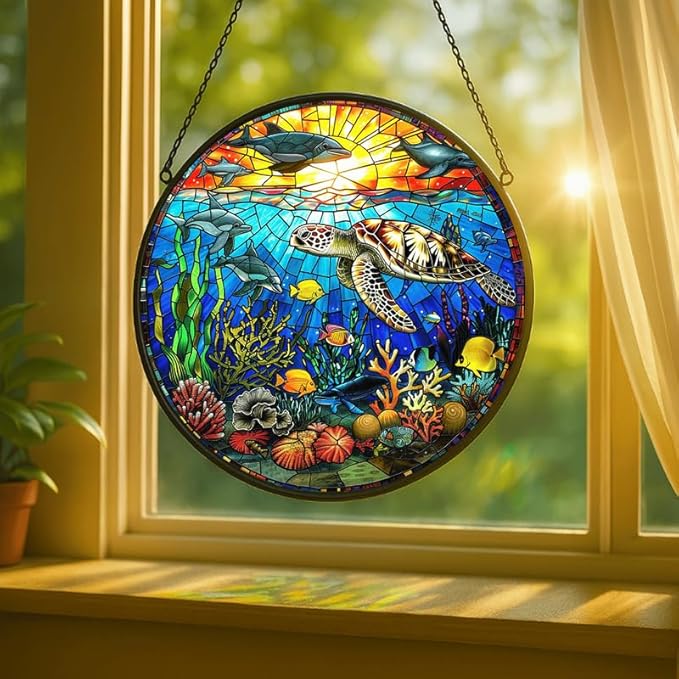 Stained Glass Window Hanging - Rainbow Colored Dragonfly in Floral Frame 7.8in Sun Catchers Indoor Stained Glass Panels Wall Decor for Mom, Wife, Lovers, Festive