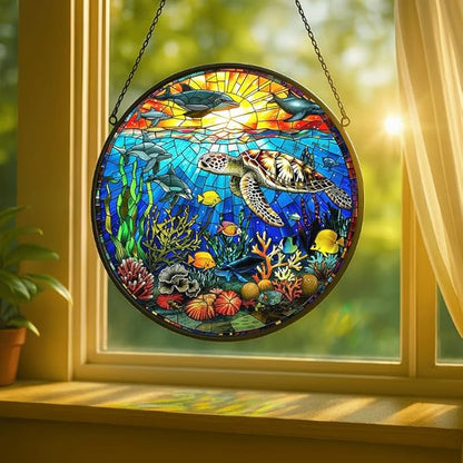 Stained Glass Window Hanging - Rainbow Colored Dragonfly in Floral Frame 7.8in Sun Catchers Indoor Stained Glass Panels Wall Decor for Mom, Wife, Lovers, Festive