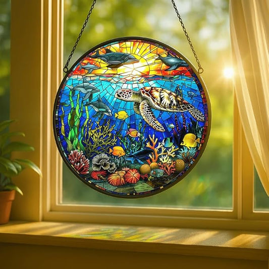 Stained Glass Window Hanging - Rainbow Colored Dragonfly in Floral Frame 7.8in Sun Catchers Indoor Stained Glass Panels Wall Decor for Mom, Wife, Lovers, Festive