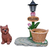 20" Solar Cairn Terrier Garden Statue with Welcome Sign & Planter - Large Dog Sculpture with LED Street Lantern - Weatherproof Resin Decorative Flower Pot for Porch, Yard & Patio - Pet Lover Gift