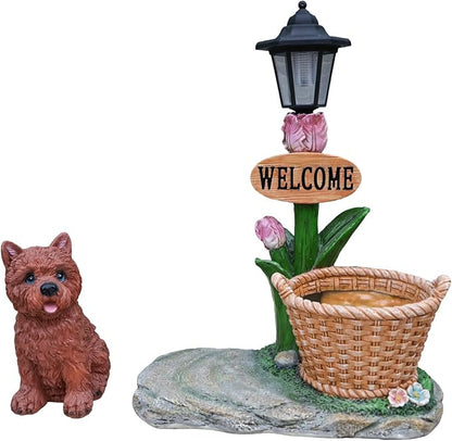 20" Solar Cairn Terrier Garden Statue with Welcome Sign & Planter - Large Dog Sculpture with LED Street Lantern - Weatherproof Resin Decorative Flower Pot for Porch, Yard & Patio - Pet Lover Gift
