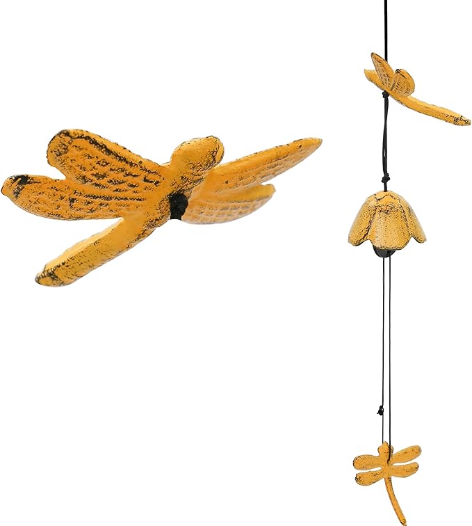 Japanese Wind Chime Cast-Iron Outdoor Ornament for Garden, Patio & Balcony, Hanging Metal Wind-Bell Decoration Gift, Blessing Pendant Windchimes, Yellow Dragonflies