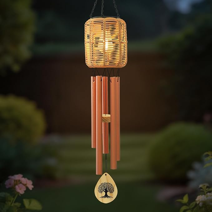 Solar Wind Chimes with Rattan Lantern Outside Lighted Wind Chime for Garden, Patio, Yard – Decor for Festivals/Birthday/Christmas, fot Women Men Home Garden Patio Decor