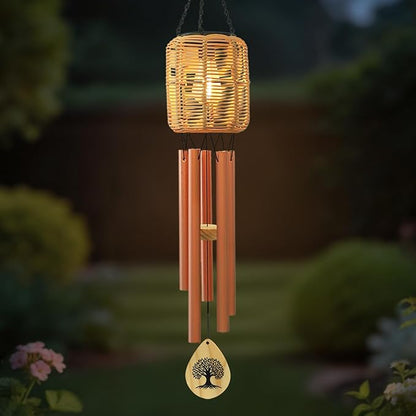 Solar Wind Chimes with Rattan Lantern Outside Lighted Wind Chime for Garden, Patio, Yard – Decor for Festivals/Birthday/Christmas, fot Women Men Home Garden Patio Decor
