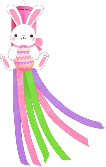 40 Inches Easter Bunny Windsock Decorations, Hanging Outdoor Spring Decor with Colorful Streamers and Cute Rabbit Egg Design, Festive Holiday Wind Sock Ornament for Outside Garden, Patio, and Yard