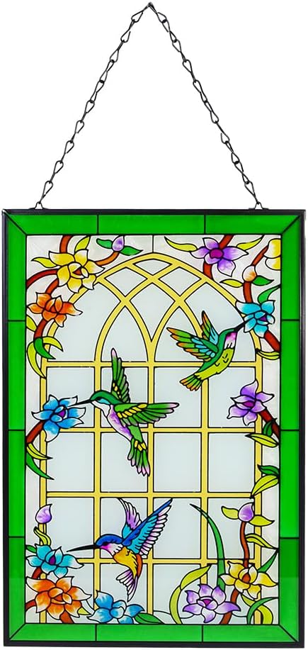 Viveta Hummingbird Stained Glass Window Hanging, Suncatchers Stained Glass Panels Hand-Painted Art Decor with Chain, Gift for Mom Grandma Christmas Decor 10 * 15"