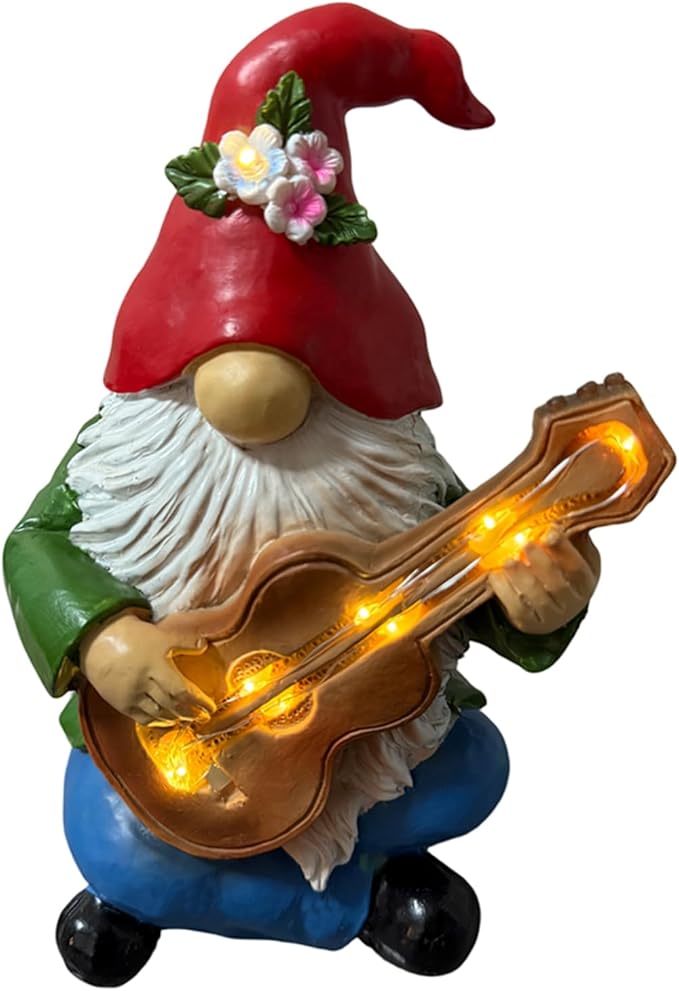 Solar Garden Gnome Figurine with Light Up Guitar - 8" Hippie Outdoor Statue with Lights, Resin Garden Decor | Funny Lawn Ornament & Garden Gift