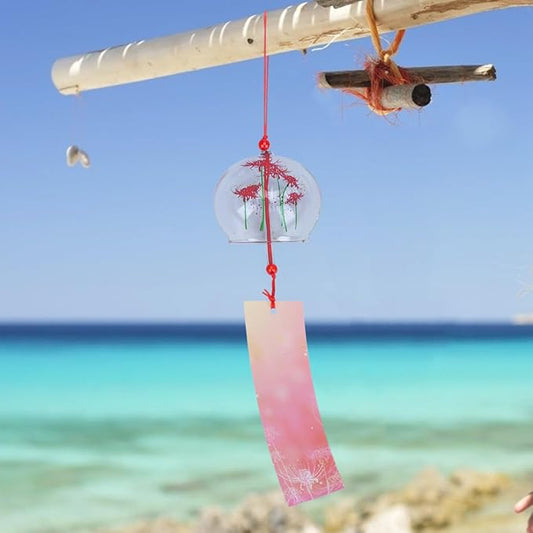 PartyKindom Japanese Glass Wind Chime - Hand-Painted Furin Bell for Outdoor Garden, Patio and Home Decor - Aesthetic Zen Hanging Ornament for Summer Festival, Cherry Blossom Pattern