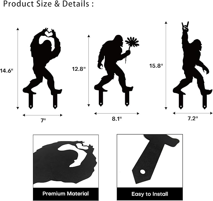 Metal Bigfoot Yard Decor - Standout Sasquatch Outdoor Silhouette – Eye-Catching Metal Bigfoot Garden Stakes, Perfect for Garden, Patio, Lawn Decoration(Set of 3)