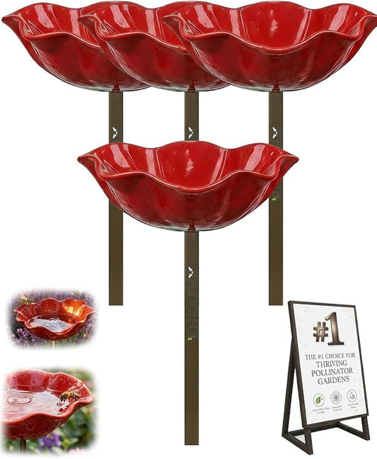 Handmade Metal Flower Garden Stakes Bird Bath Bee Watering Station for Garden Outside Pollinators Birdbaths Bowl for Decorative Outdoors Yard Art Hummingbird Fountain Butterfly Water Feeder Gift(4pcs)