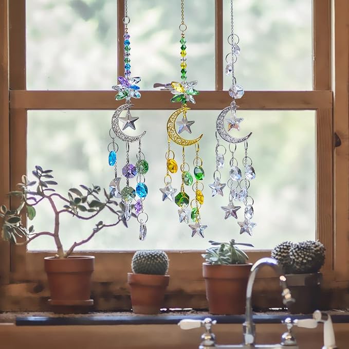 Hanging Crystal Suncatchers Window Prism 3 Pcs/3 Colors Moon and Star Prism SunCatcher Rainbow Maker Car Charm Mirror Accessories Mom Grandma Gifts KEINIA