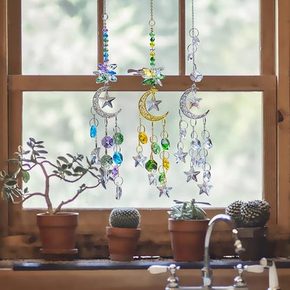 Hanging Crystal Suncatchers Window Prism 3 Pcs/3 Colors Moon and Star Prism SunCatcher Rainbow Maker Car Charm Mirror Accessories Mom Grandma Gifts KEINIA