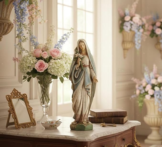Napco Imports Mary Holding Lily Bouquet Ivory 4.5 x 12.25 Resin Stone Garden Figurine