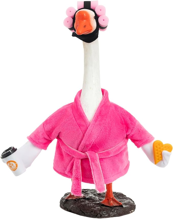 Porch Goose Outfit Fall Costume for 23'' Cement Goose Statue Winter Porch Goose Clothes Mamma Robe Self Care Outfit with Bathrobe Coffee Curlers for Outdoor Garden Yard Lawn Patio Decoration(Rose Red)