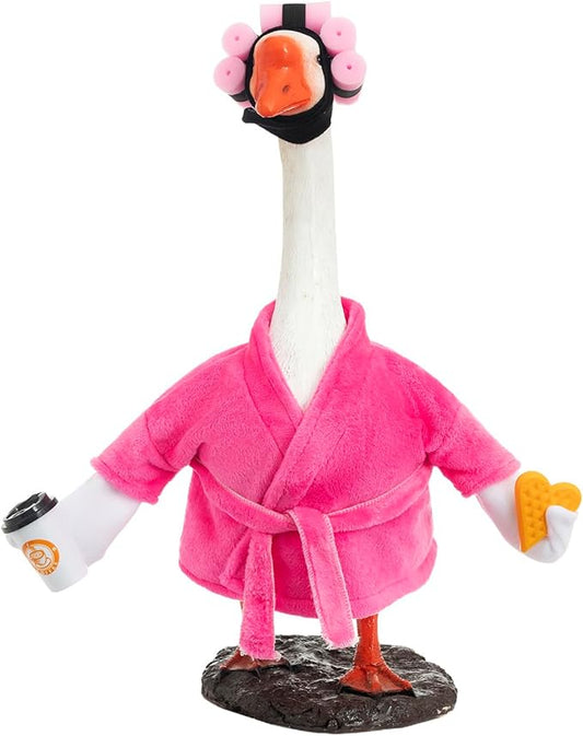 Porch Goose Outfit Fall Costume for 23'' Cement Goose Statue Winter Porch Goose Clothes Mamma Robe Self Care Outfit with Bathrobe Coffee Curlers for Outdoor Garden Yard Lawn Patio Decoration(Rose Red)