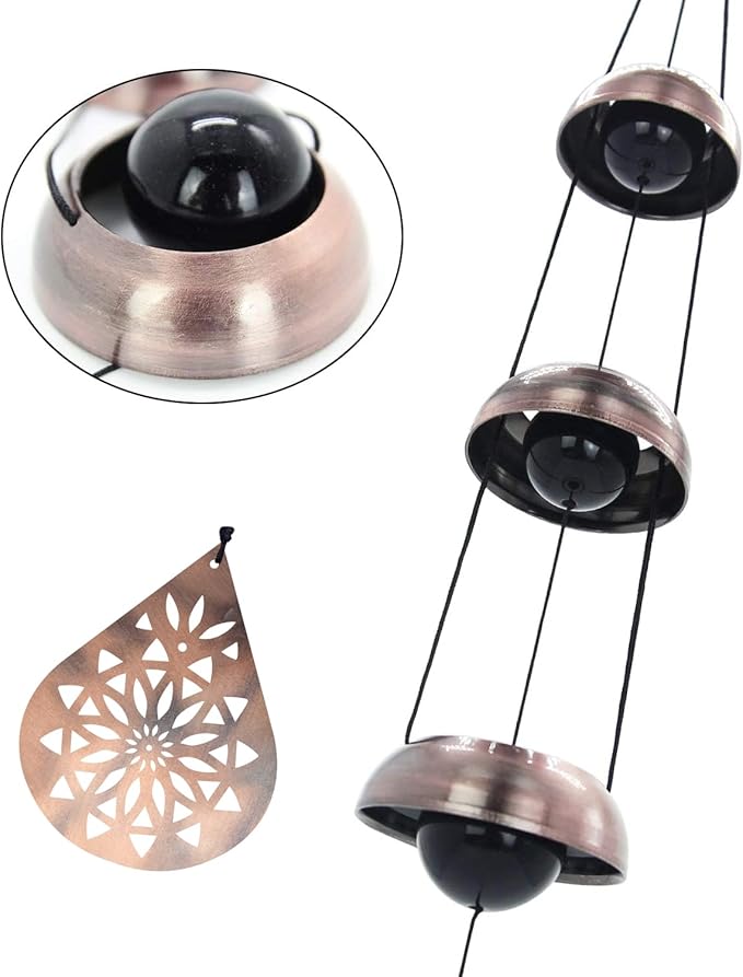 36" Copper Temple WindChimes with 5 Bells, Melodious Zen Feng Shui Wind Bells for Outside, Memorial Wind Chime Sympathy Gift with Unique Teardrop Mandala Sail, Decorative Garden Decor for Yard Patio
