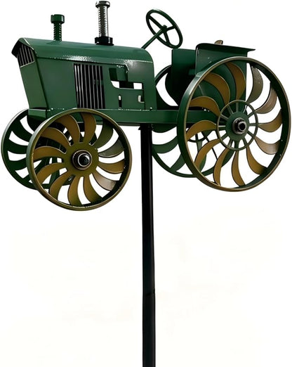 Green Tractor Wind Spinner Outdoor - Metal Windmill for Yard and Garden Decor - Kinetic Wind Sculptures & Spinners with Rotating Wheels and Sturdy Stake - Large Lawn Ornaments & Yard Art