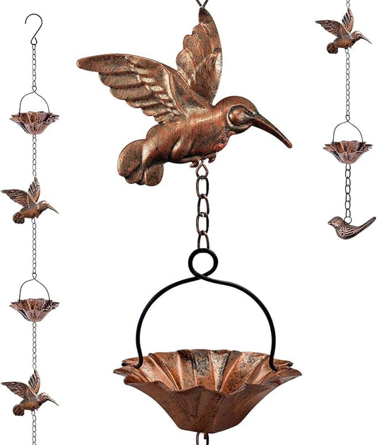 Rain Chain, 8.5 FT Copper Rain Chain for Gutters, Decorative Hummingbird & Lotus Cup Rain Catcher Chain with Weighted Bird, Downspout Alternative for Garden, Patio & Outdoor Drainage