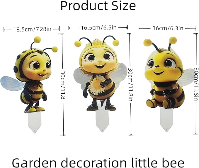 Bee Garden Stakes Decor – Metal Outdoor Yard Art, Rustproof Lawn Ornaments for Garden Patio Flower Bed, Hand-Painted 2D Bee Set of 3