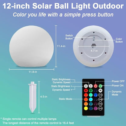 12-in Solar Garden Globe Light Outdoor, Solar Glowing Ball Light w/Remote, 16 RGB Color Changing Waterproof Large Outdoor Orb Lamp, Landscape Lighting Mood Lamp w/Ground Stake for Patio Yard Lawn Path