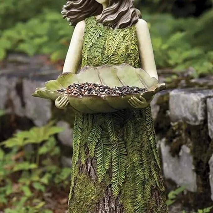 AYNEFY Fairy Garden Statue with Bird Feeder,Lawn Decoration Ornaments Bird Bath Birdbaths Bird Feeder Waterer Tray Garden Art Sculptures for Outdoor Courtyard Yard Decor
