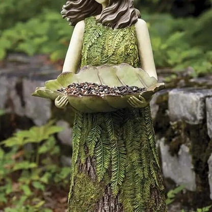Akozon Enchanting Fairy Garden Statue with Bird Feeder - Elegant Ornament for Outdoor Decor, 1 Feet Tall Garden Art Sculpture with LeafShaped Seed Bowl (Green)