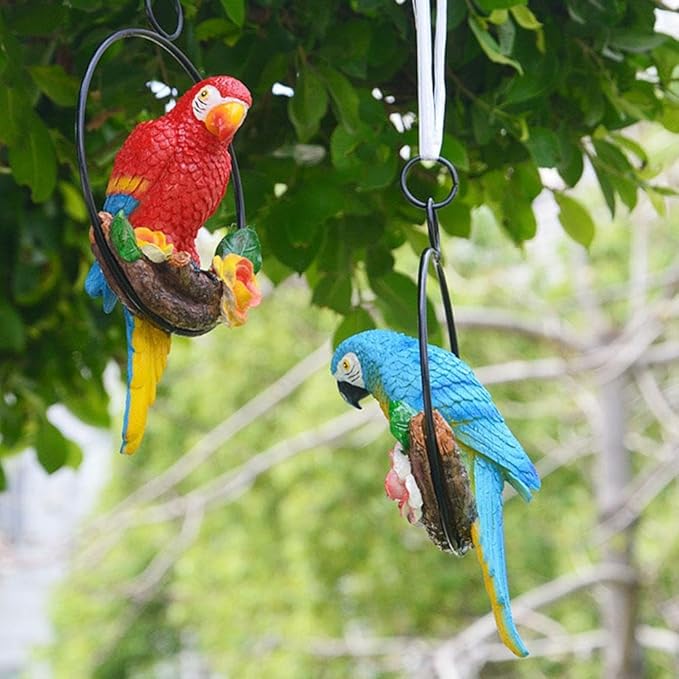 Lifelike Parrot Garden Statues,Resin Parrot Hanging Garden Decor Swing Figurine Ornaments,Parrot Statues for Outside Realistic Bird Sculptures Garden Patio Yard Lawn Figurines for Tree Wall (4pcs)