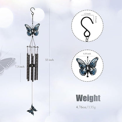 32'' Unique Butterfly Wind Chime for Outside Clearance, Garden Metal Windchimes for Outdoors Patio Decor(Black Blue)