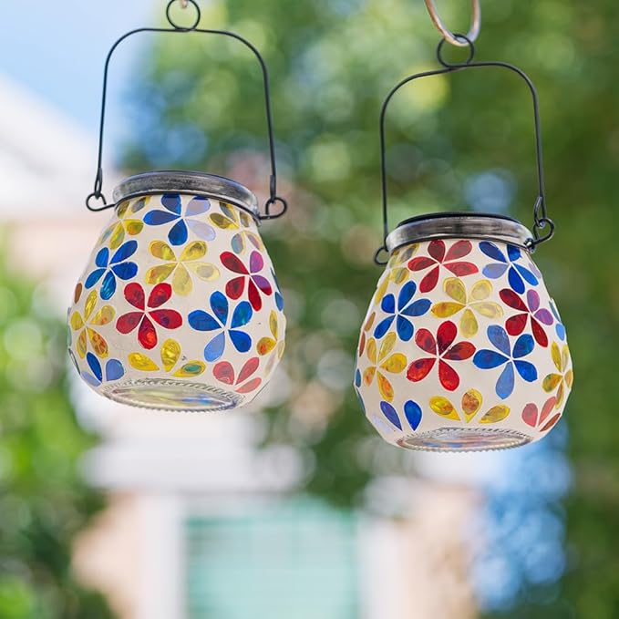 Stargarden 4Pack Mosaic Solar Lanterns, Glass Hanging Lantern Waterproof Outdoor Haning Lights Flower Decorative Table Lamp for Garden ,Patio,Yard Decor