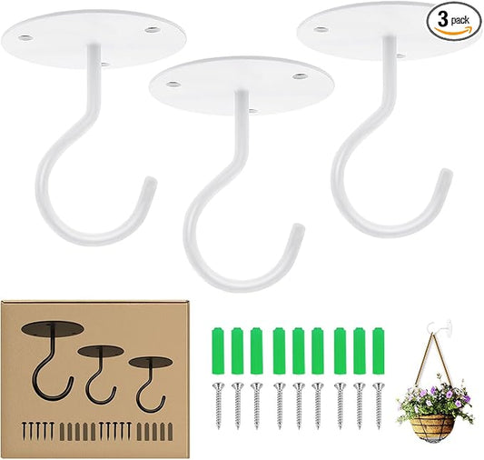 Ceiling Hooks for Hanging Plants, Metal Plant Hooks Wall Mount Hangers for Hanging Plants, Bird Feeders, Wind Chimes, Lanterns, Planters - Outdoor Decoration Hooks (3 Pack) (White)