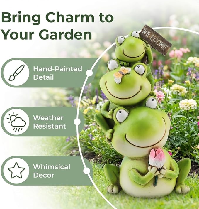 Stacked Frog Figurine Set - 3-Tier Resin Frogs with Welcome Sign & Lotus, Whimsical Indoor/Outdoor Decor for Garden, Desk & Porch