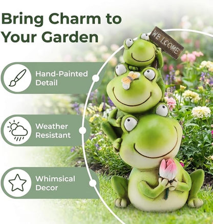 Stacked Frog Figurine Set - 3-Tier Resin Frogs with Welcome Sign & Lotus, Whimsical Indoor/Outdoor Decor for Garden, Desk & Porch