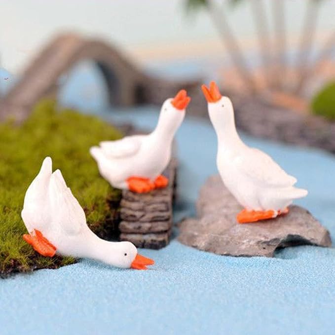 3Pcs White Resin Goose Figurines, Miniature Garden Statues, Indoor Outdoor Fairy Garden Decor Miniature Figurine Decoration for Micro Landscape Terrarium,Micro Landscape