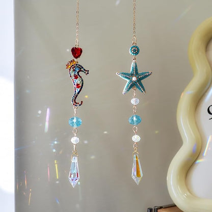 Bohemian Crystal Suncatcher Set - Starfish & Seahorse Hanging Ornaments with Crystals, Handmade Prism Sun Catcher for Window, Car, Garden, Party, Wedding, Home Decor