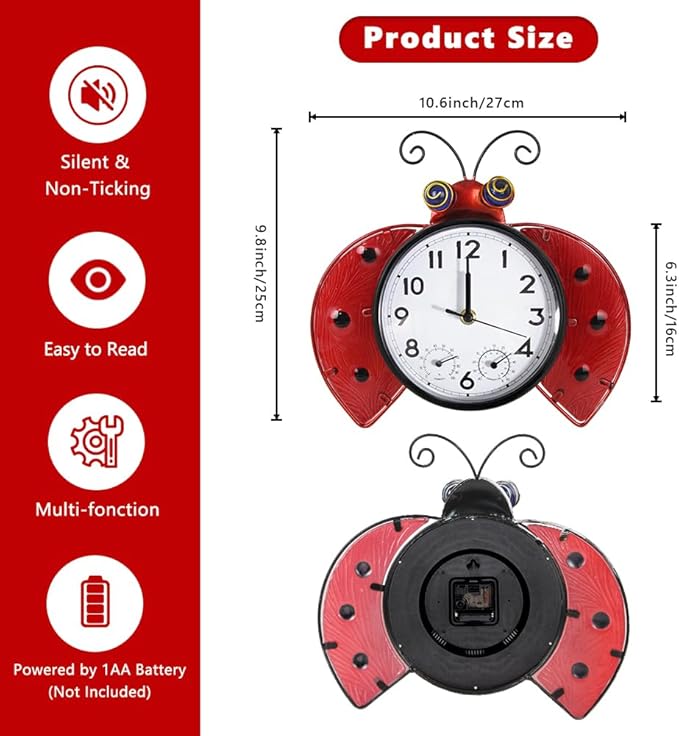 Outdoor Clock Silent Non-Ticking, Outdoor Wall Clocks with Thermometer & Humidity, Quartz Clocks Decor for Patio Garden Living Room