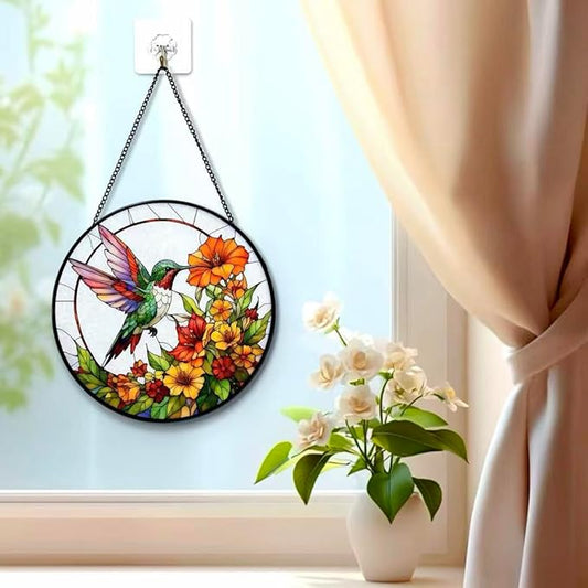 Stained Glass Window Hanging - Hummingbirds are Collecting Nectar 7.8 Inches Suncatcher for Garden Home Decor for Women Mon Grandma Friends