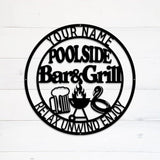 MeMate Poolside Bar & Grill Sign, Outdoor Pool Decor, Large Metal BBQ Sign, Personalized for Backyard Patio Porch Deck, Custom Name Housewarming Gifts for Family Friends