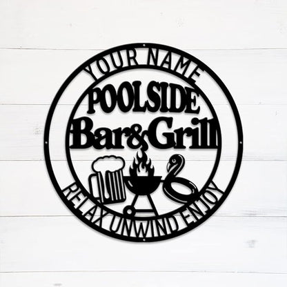 MeMate Poolside Bar & Grill Sign, Outdoor Pool Decor, Large Metal BBQ Sign, Personalized for Backyard Patio Porch Deck, Custom Name Housewarming Gifts for Family Friends
