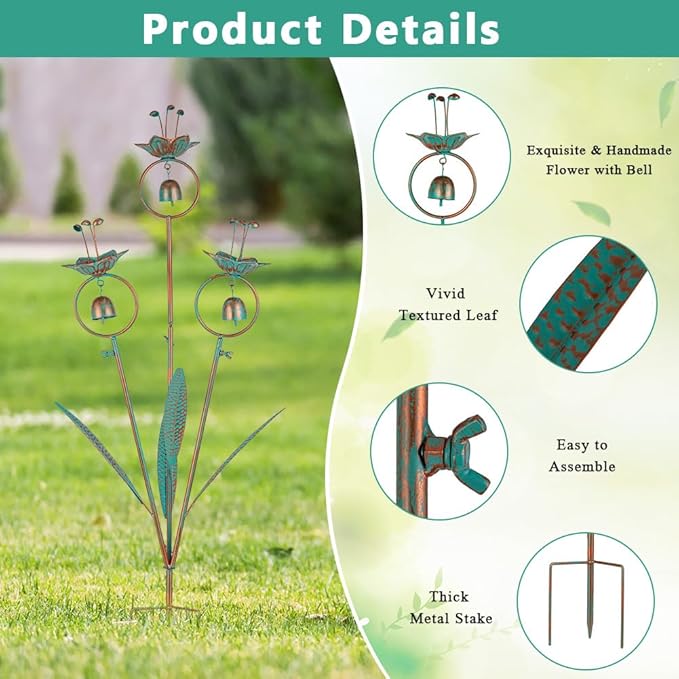 10FT Copper Lotus Rain Chain and Calla Lily Garden Stake with Bells for Outdoor Lawn Patio Decor