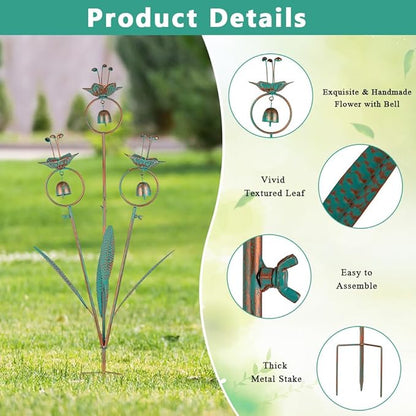 Calla Lily Garden Stake with Bells, Metal Flower Decorative Garden Stakes, 34" H Yard Art for Outdoor Lawn Patio Pathway Decor, Copper Green