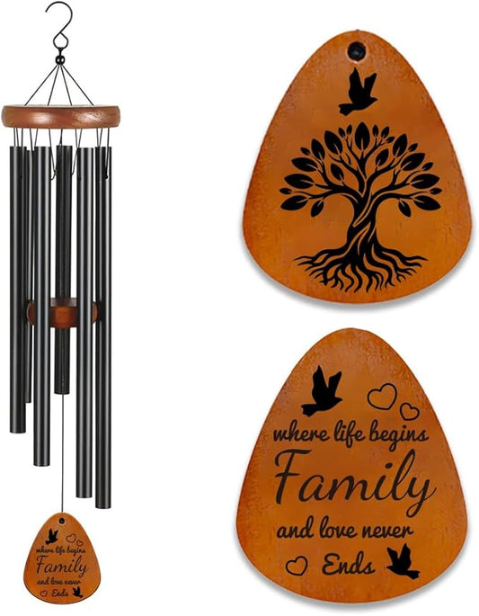 Family Wind Chimes for Outside, Outdoor Family Windchimes with Engraved Tree of Life, Premium Tuned Metal Chimes, Unique Wedding and House Warming Gifts for Outdoor Home Decor