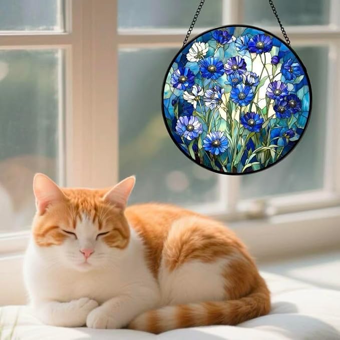 Stained Glass Window Hanging - Blue Floral Pattern 6.3 Inches Suncatcher for Garden Home Decor for Women Mon Grandma Friends